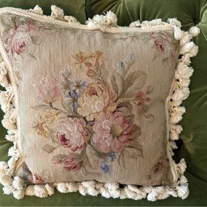 Floral Tapestry Petit Point needlepoint Pillow with Fringe